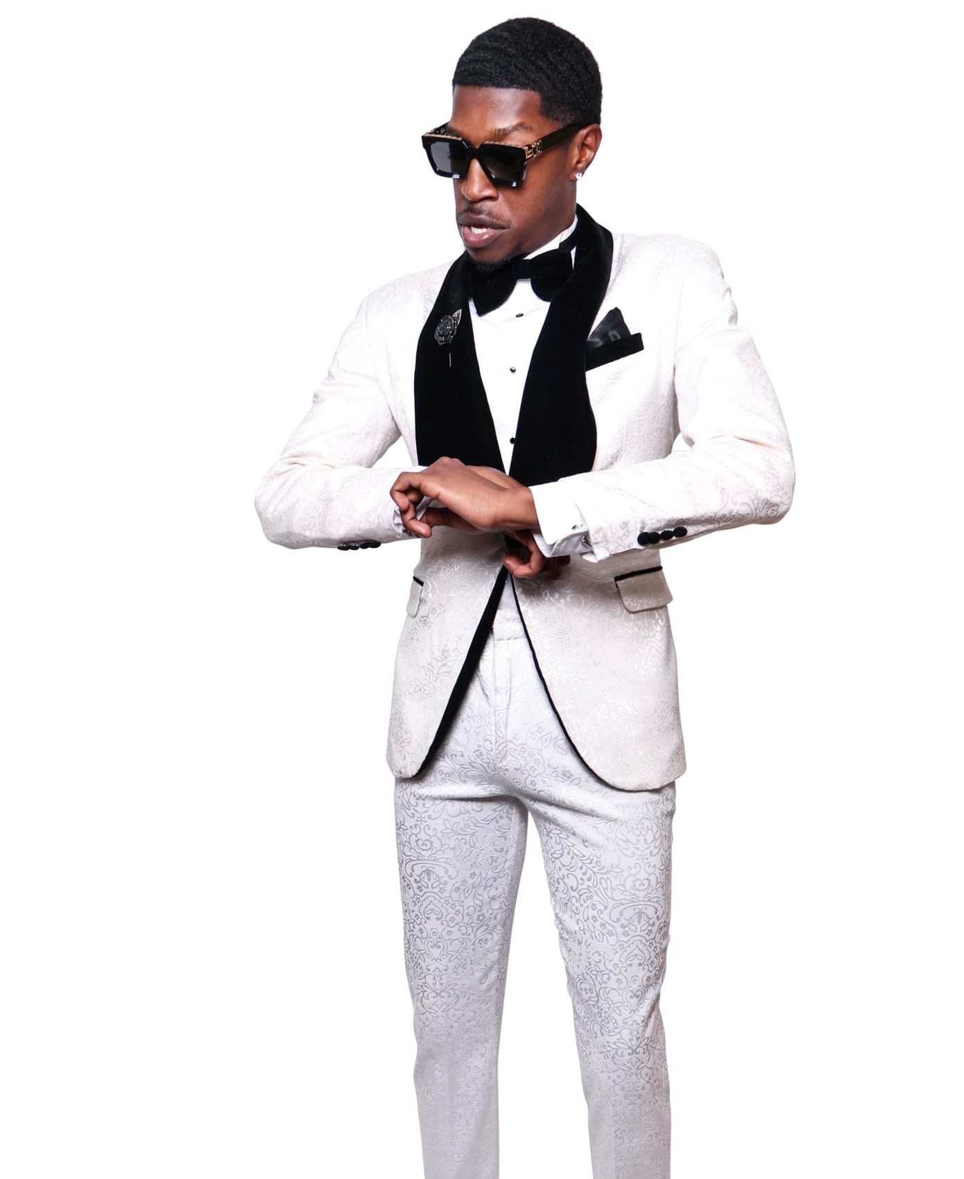 Shemon in a white paisley tuxedo